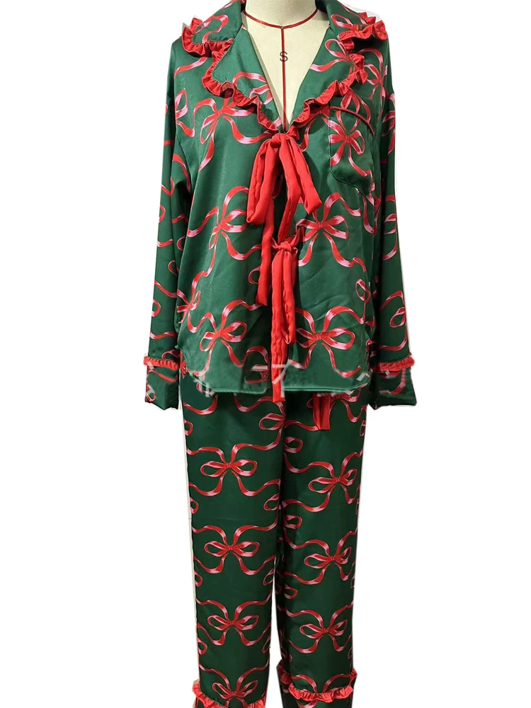 Casual Y2K Ruffle Neck Bow Pajama Sets Women 2 Piece Long Cute Long Sleeve Matching Lounge Shirts Sets 90S Santa Claus Pajamas