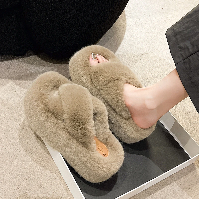 Frau Pelzigen Damen Kunstpelz Luxus Flauschigen Plüsch Slipper Haus Weiche Fuzzy Mädchen Plattform Innen Flache Casual Sabot Runde Kappe Winter – Detail 5