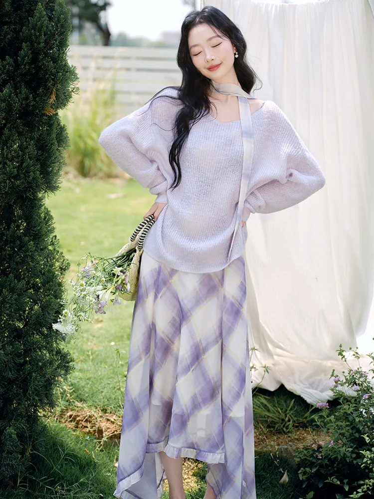

Unique Beautiful Spring New Women's Loose Knitted Sweater Set with Plaid Fi Tail ter Dr Faionable Casual Outfit