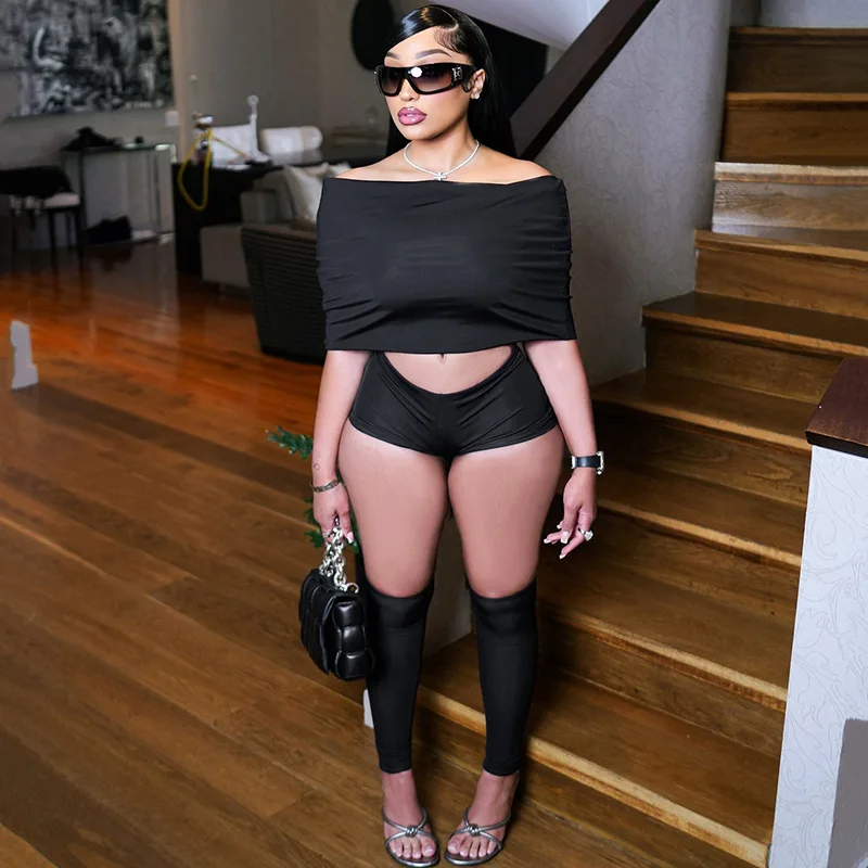 

BKLD Women Clothing Sexy Slash Neck Off The Shoulder Crop Tops Tight Fitting Shorts And Calf Socks Three Piece Sets Outfits