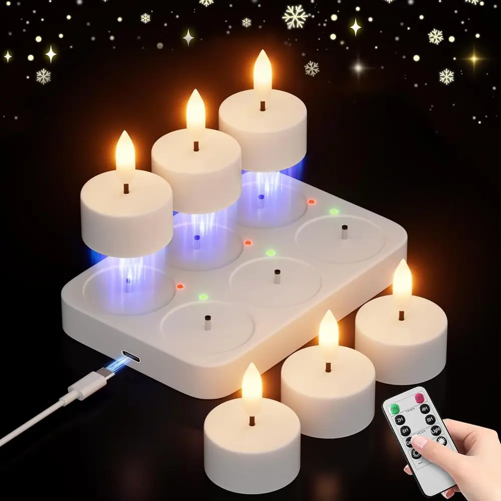 6-Piece Rechargeable LED Battery Tea Lights with Remote and Timer, Realistic Flickering for Home, Christmas, Wedding Decor - Whi