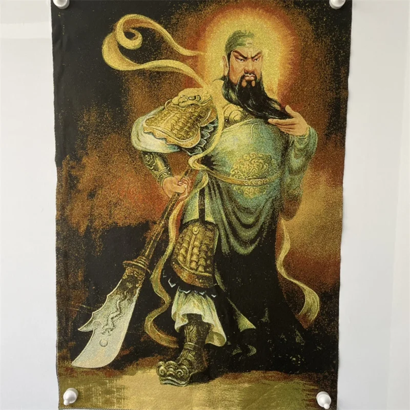 Chinese Antique Silk Brocade Tangka Embroidery Wall Art 'God of Wealth Guan Gong' Traditional Home Decor