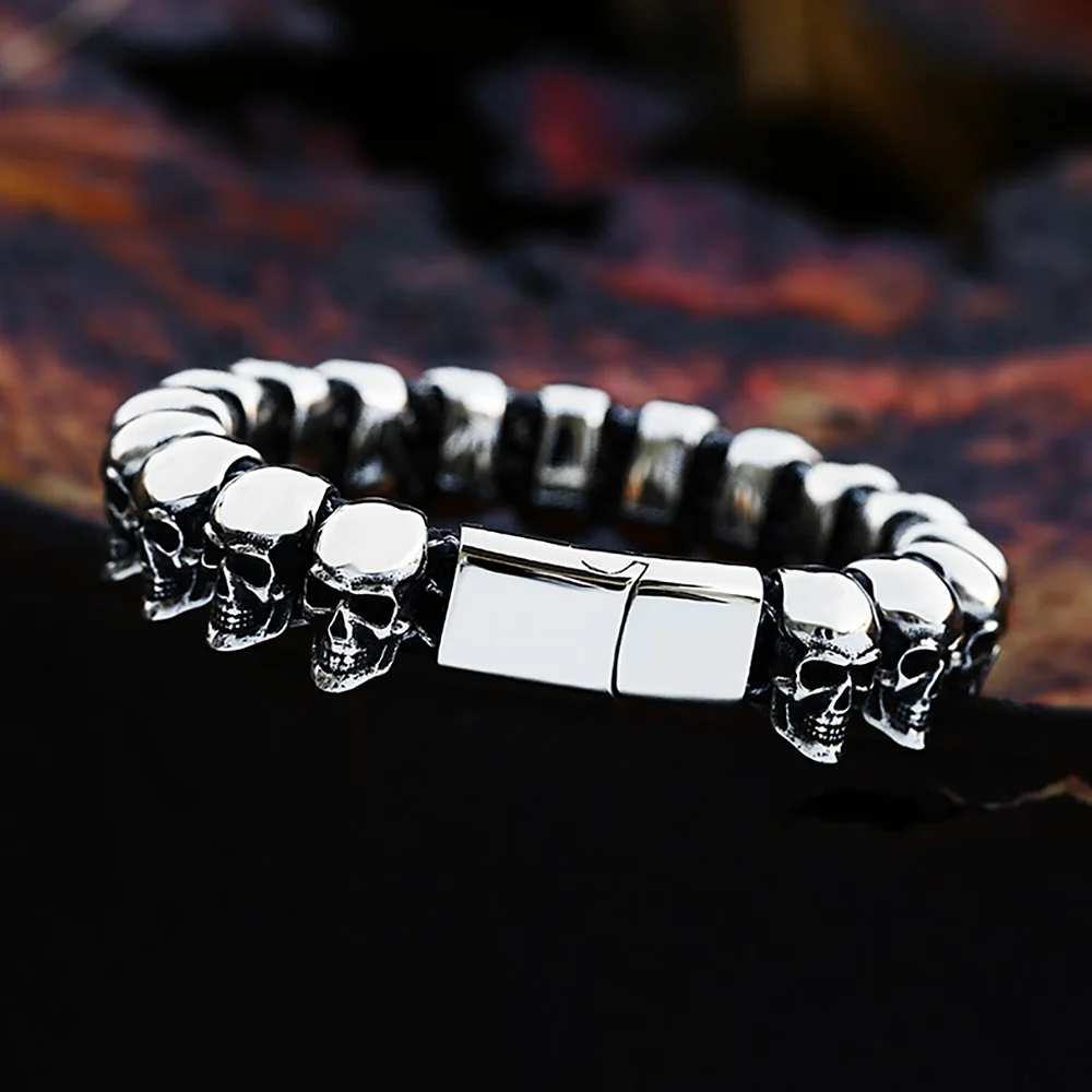 Punk Vintage 316L Stainless Steel Skull Bracelet For Men Boys Gothic Hip Hop High Polish Bracelet Fashion Jewelry Gift Wholesale