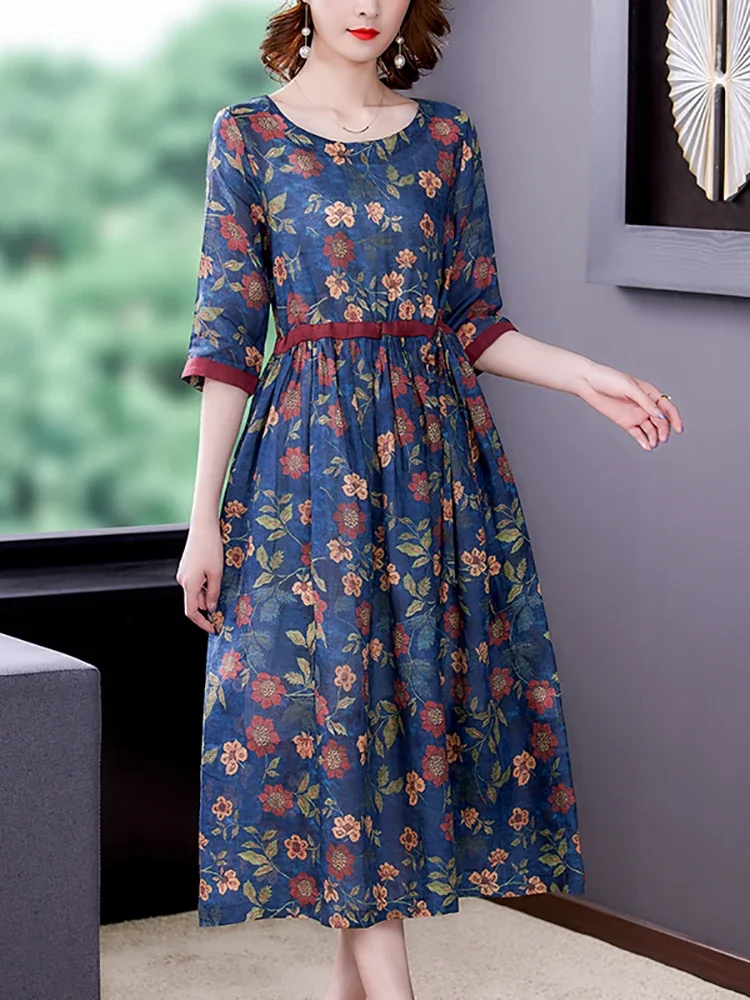 

2024 New Floral Ramie Short Sleeve Loose Long Summer Fashion Elegant Casual Beach Women Korean Vintage Bodycon Dress J312