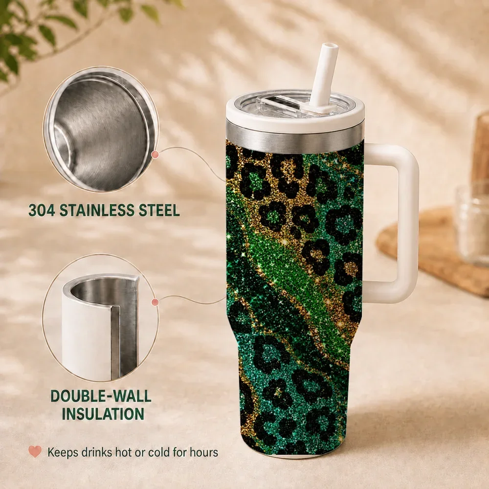 Colorful Shining Leopard Pattern Vacuum Flasks 40oz Insulated Stainless Steel Tumbler Leakproof Straw Lid & Grip Handle Cup