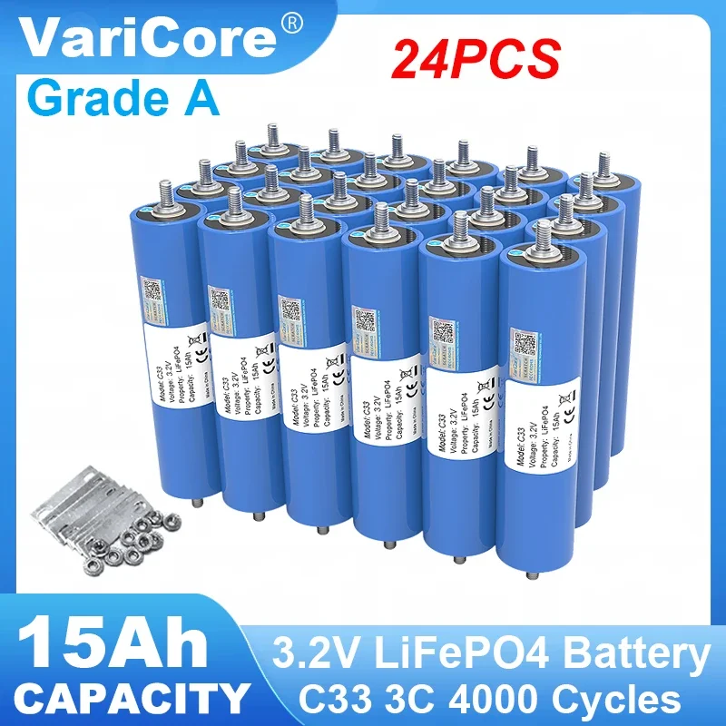 24 buah 3.2V 15Ah LiFePO4 baterai C33 sel Lithium fosfat untuk 4s 12V 24V baterai Inverter Modifikasi motor mobil sepeda motor