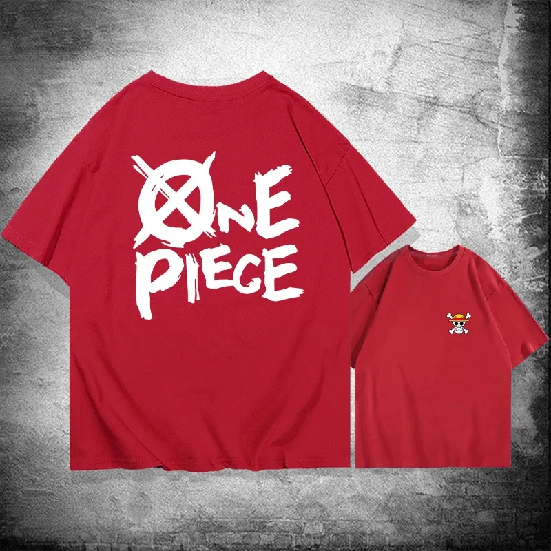 일본 애니메이션 원피스 티셔츠 반팔 옷 라운드 넥 편지 인쇄 패턴 인쇄 남성과 여성 조수