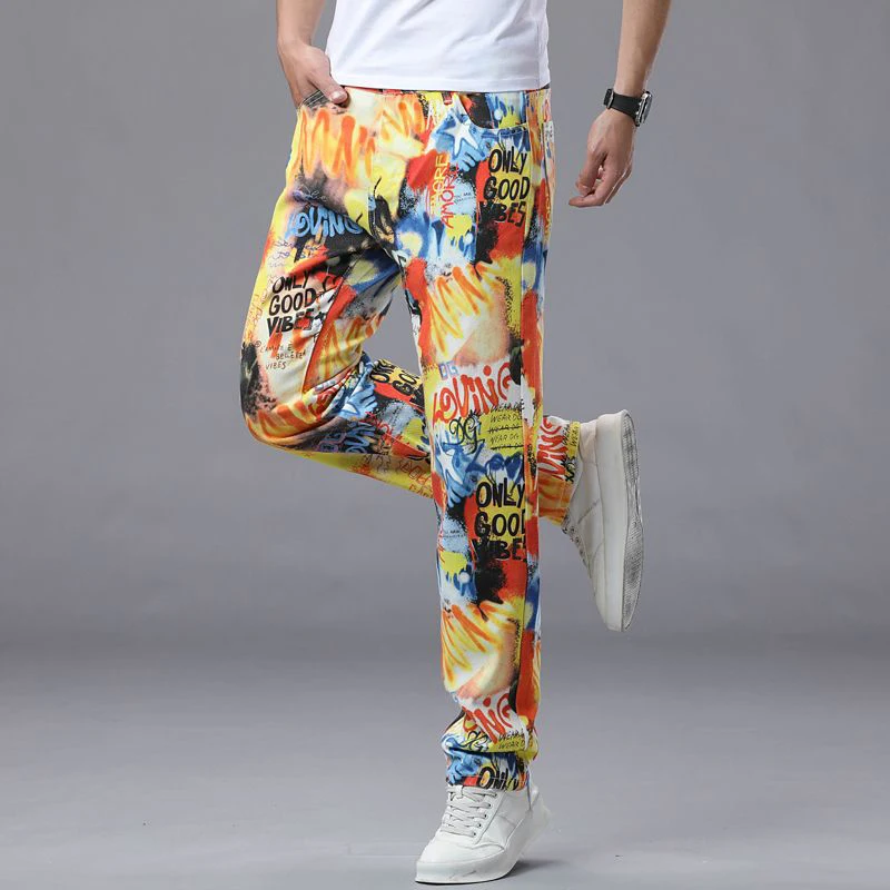 Hommes mode polyvalent imprimé cravate colorant pantalon hommes Baggy jambe droite jambe large haute rue Denim pantalon classique jaune pantalons de survêtement
