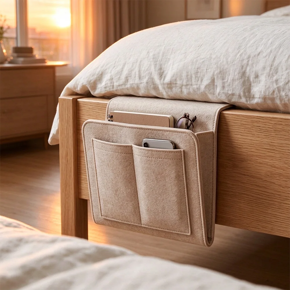 Felt Hanging Bag for Bedside Storage Holds Everyday Essentials While Maintaining Clean Minimalist Bedroom Aesthetic