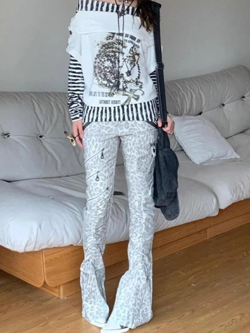 Retro American High Street Vibe Leopard Print Texture Splicing Jeans Women's New Style Spicy Punk Wind Micro Flared Pants