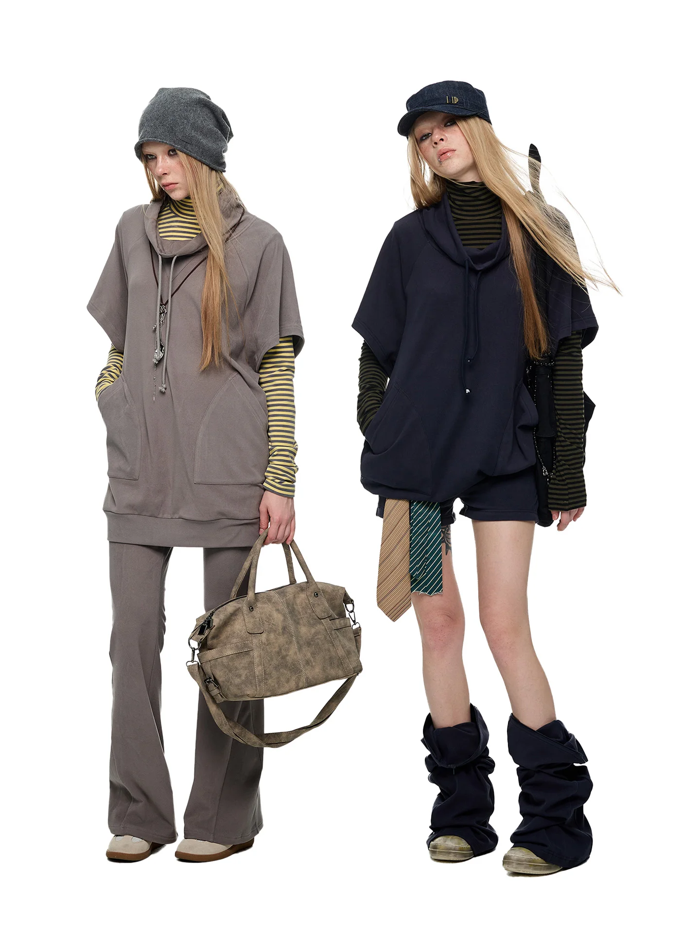 

JIKOO Early Spring Two-Way Wear Faux Two-Piece Patchwork Stripe Velvet Feel High Collar Sweatirt Set Casual Faion Ensemble