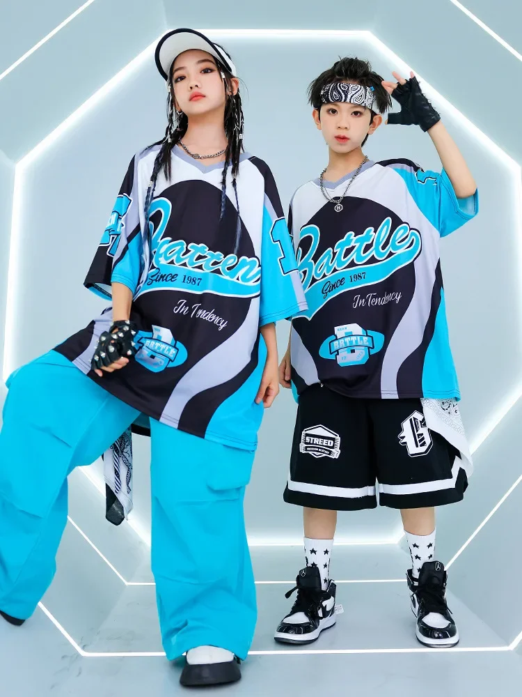 夏子供ルーズブルー Tシャツパンツ黒ショーツ男の子ヒップホップ衣装モダンジャズダンス衣装女の子 Kpop パフォーマンス着用