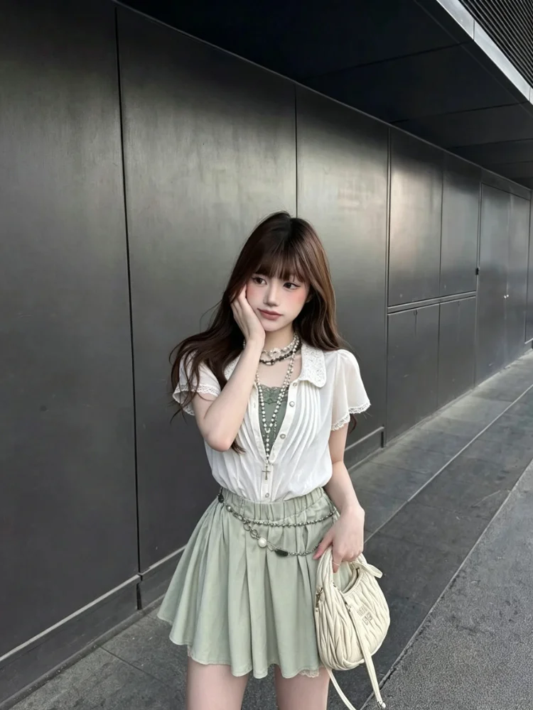 

Y2k Vintage Niche Short Sleeve Thin Cardigan + Lace Camisole + Green Midi Skirt Three-Piece Set Women Elegant Retro Bodycon