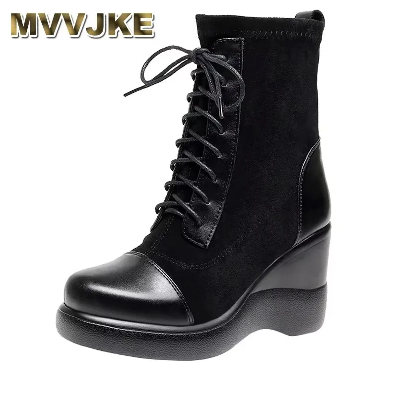 

2025 г., женские замшевые ботинки из коровьей кожи с перекрестными ремешками, ботинки на высоком каблуке на танкетке, осенне-зимние ботинки, большие размеры