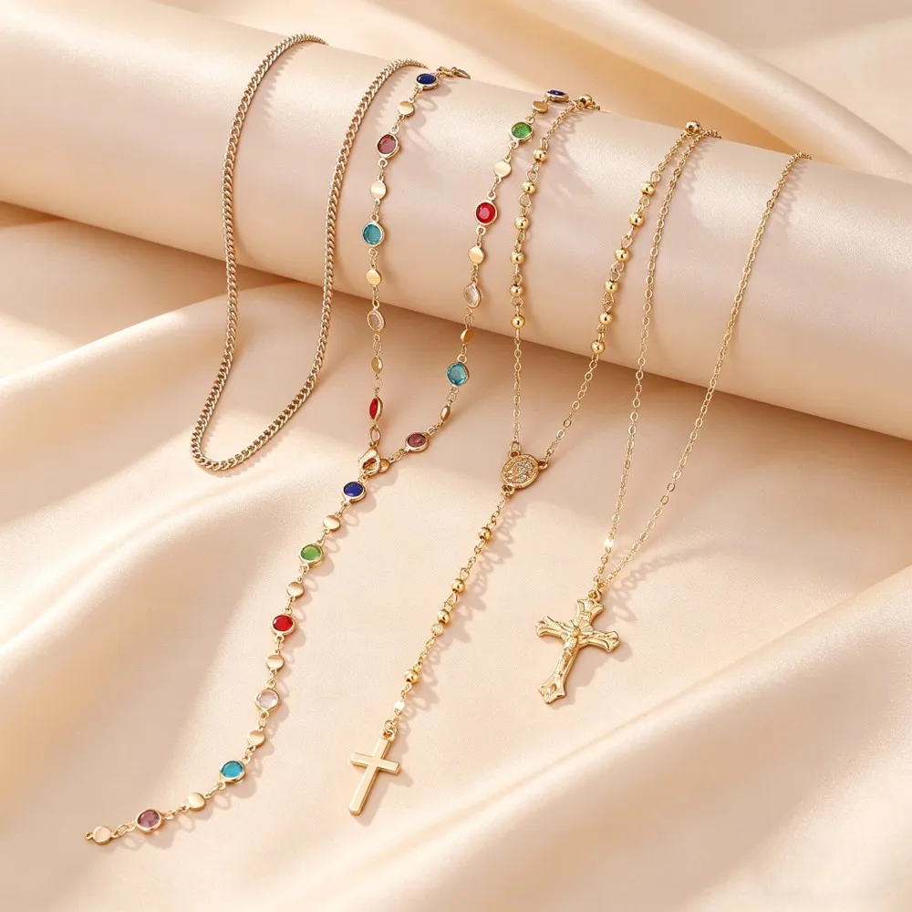Luxury Zircon Cross Pendant Necklace Set for Women Vintage Simple Colorful Crystal Long Y-shaped Necklace Party Jewelry
