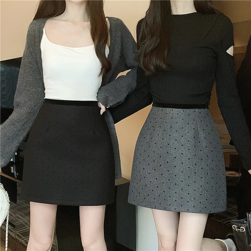 Korean Version Women Autumn Winter Thickened High Waist Slim A-Line Mini Skirt Polka Dot Half-length Versatile Has Inner Shorts