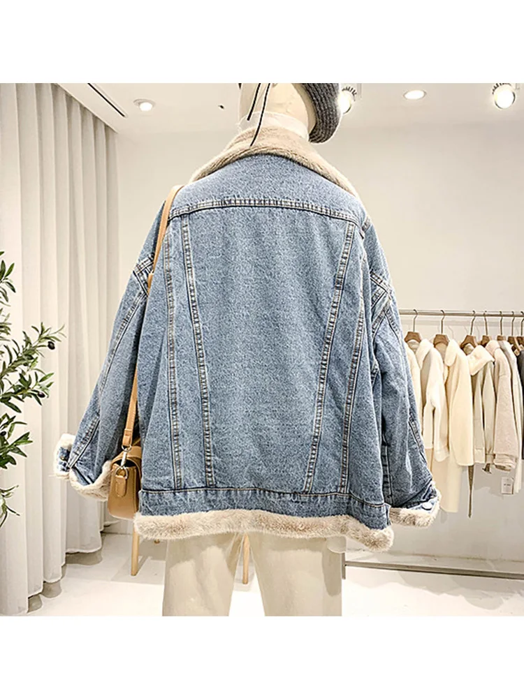 Denim jaquetas para as mulheres 2022 moda coreana grosso casaco quente inverno ambos os lados usar solto jean casacos roupas femininas jean outwear