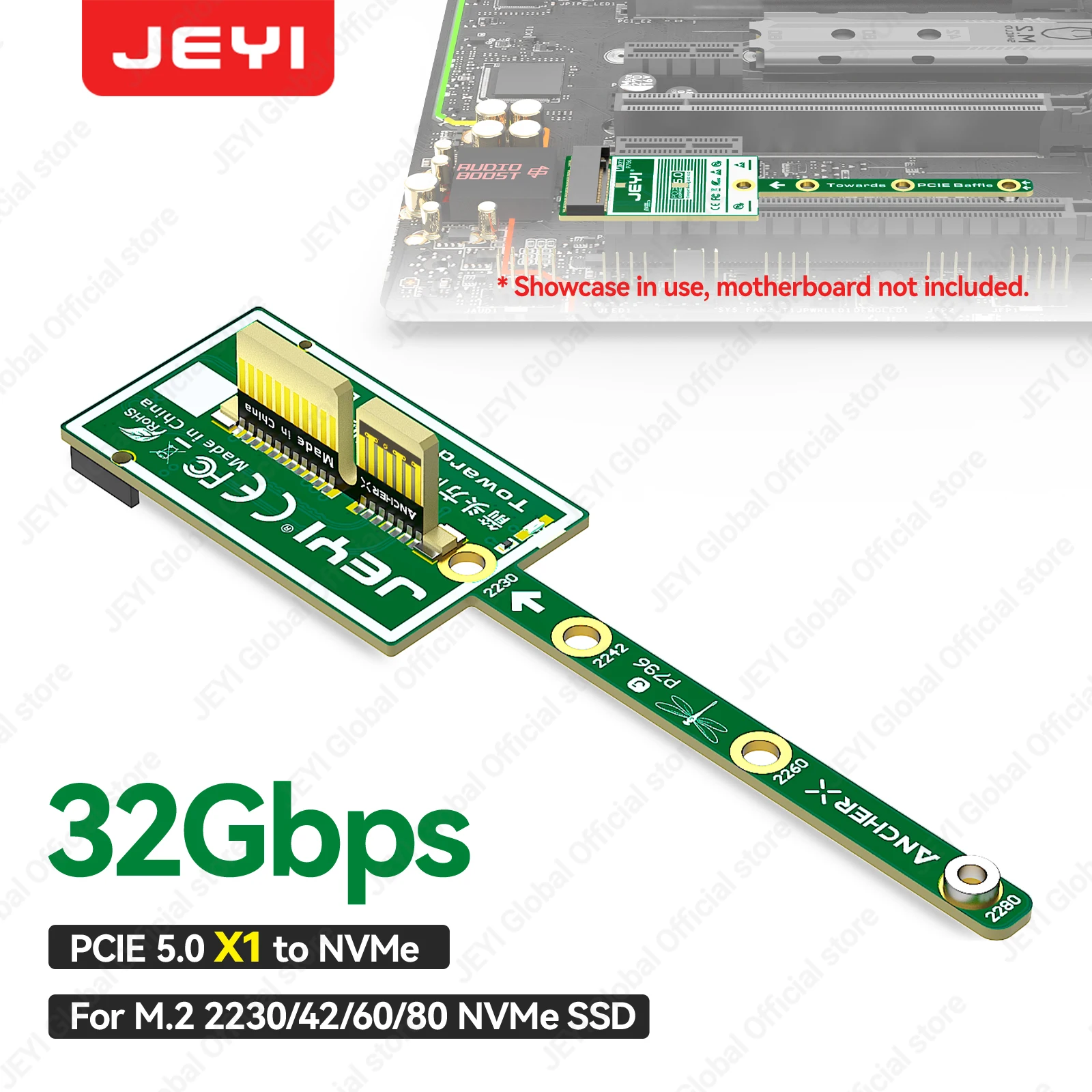 JEYI Flat PCIe 5.0 X1 naar NVMe Adapterkaart 32Gbps Dun ontwerp Geen GPU-obstructie voor M.2 2230 NVMe SSD Mini-uitbreidingskaart