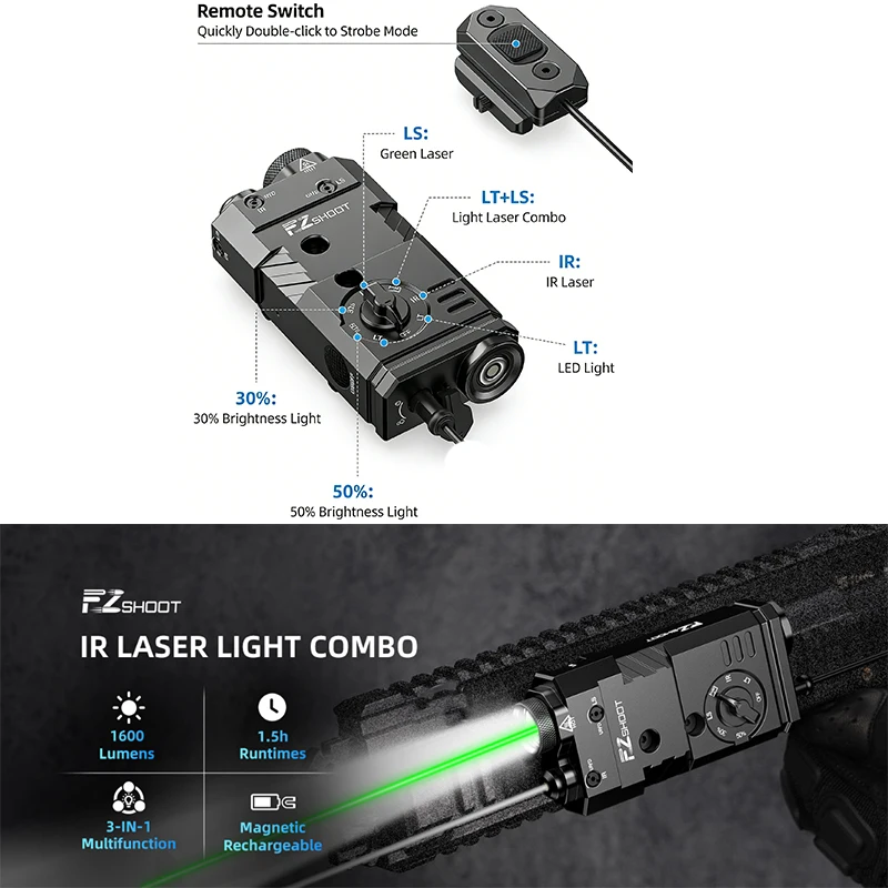 EZshoot 1600 Lumens Rifle Light Laser IR 3-in-1 Combo Rechargeable with Switch Flashlight Compatible with Picatinny and M-Rail