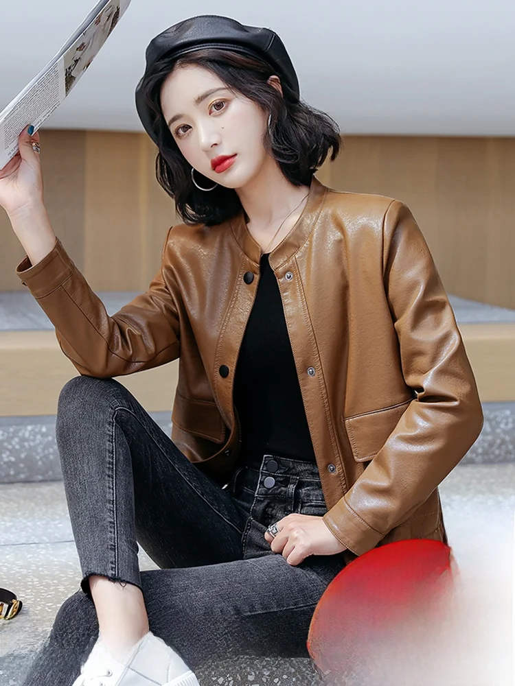 

Женская куртка из натуральной кожи Ning, весна-осень 2025, новая корейская версия, свободный крой, большие размеры, из овчины, короткое пальто, трендовая модель