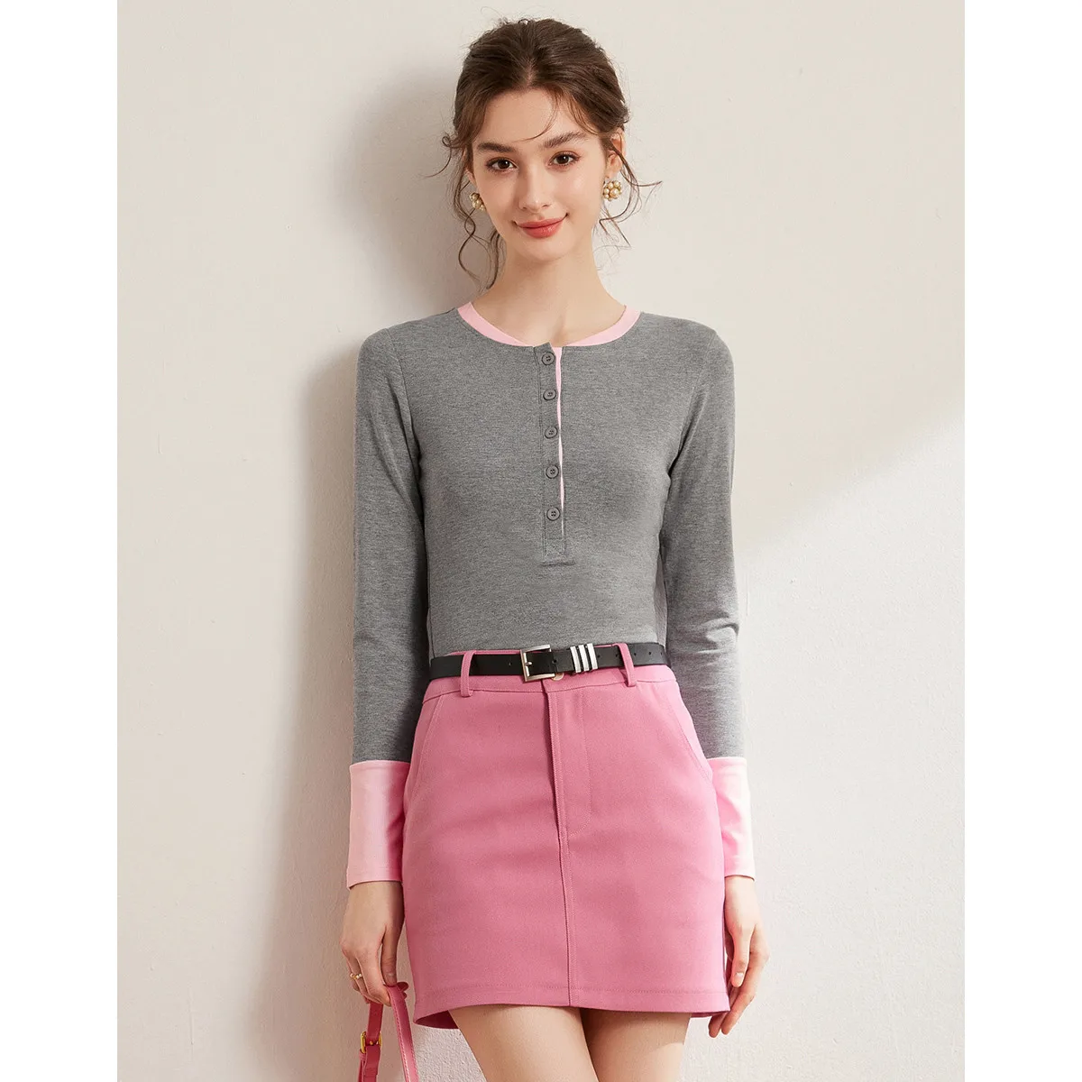 LOUIS YAO New Splicing Color Contrasting Women's T-shirt 2025 Spring Half Open Placket Micro Elastic Tops Slim Long Sleeve Tees