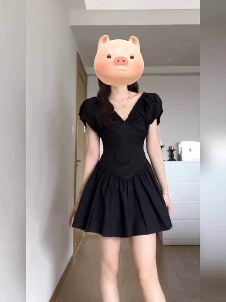 

Sweet And Spicy Women's Summer Dr with Puffy Sves And V-Ne A-Line Skirt Korean Sle Casual Polyester Fiber