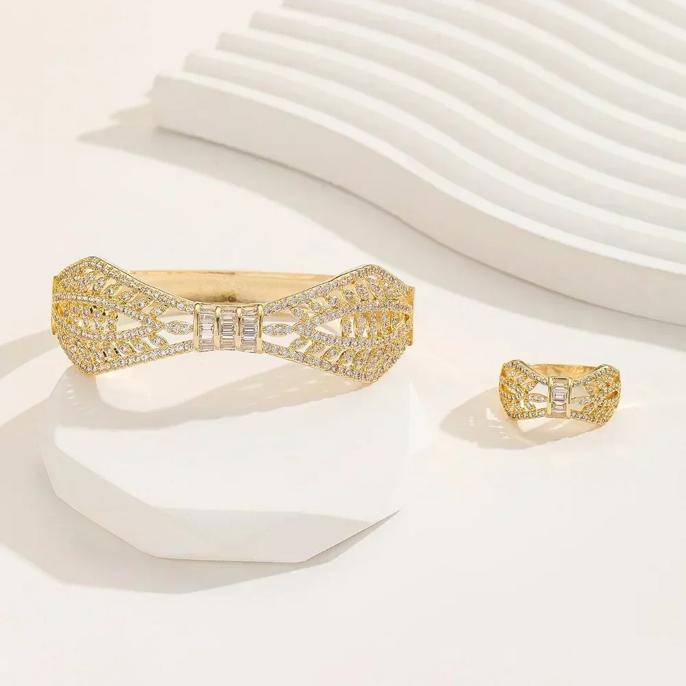 سلسلة بنمط مجوف مزين بالمايكرو للنساء ، سوار وخاتم ، على الطراز الشرقي الأوسط ، كوري ، طقم 2. #2