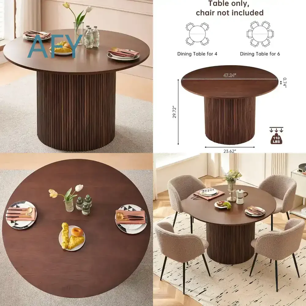 47 Inch Round Dining Table for Rustic Farmhouse Kitchen Dinner Set for 4–6 People MDF Core Two-Part Top Wood Look Dining