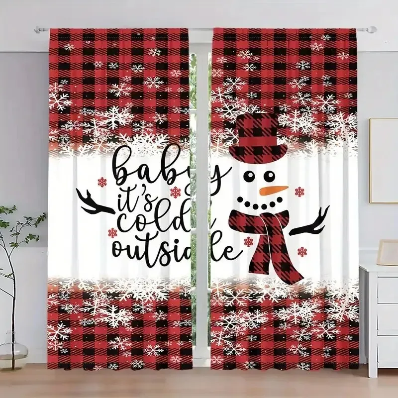 2PCS Digital Print Curtain, Red Plaid Snowman with Baby Its Cold Outside Text and Snowflakes, Rustic, for Home Window Decoration