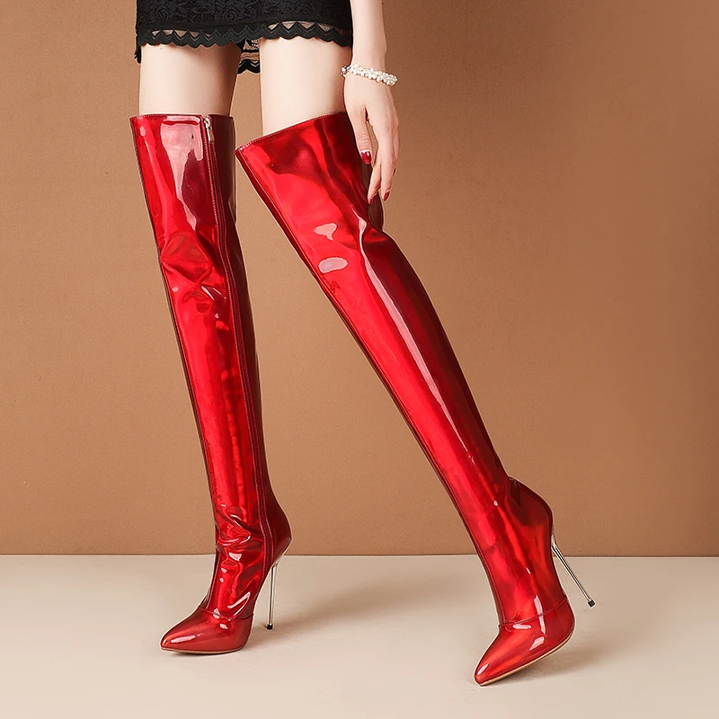 

New Arrivals Women's Patent Leather Over The Knee Boots Autumn Laser High Heel Metal Embellished Multicolors Zipper Shoes