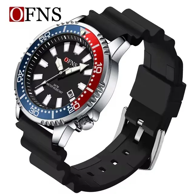 OFNS 8032 Orologio al quarzo da uomo Fashion Cool Black Sport Arancione Verde Calendario Luce notturna Orologio con cinturino in silicone impermeabile