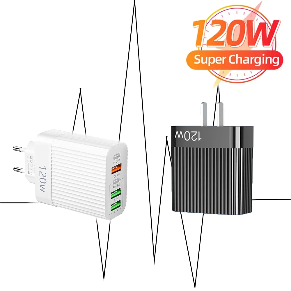 

Striped 120W USB Mobile Phone Charger Five-port Fast Charger EU/US Plug For iPhone Samsung Xiaomi Huawei Smartphone accessories