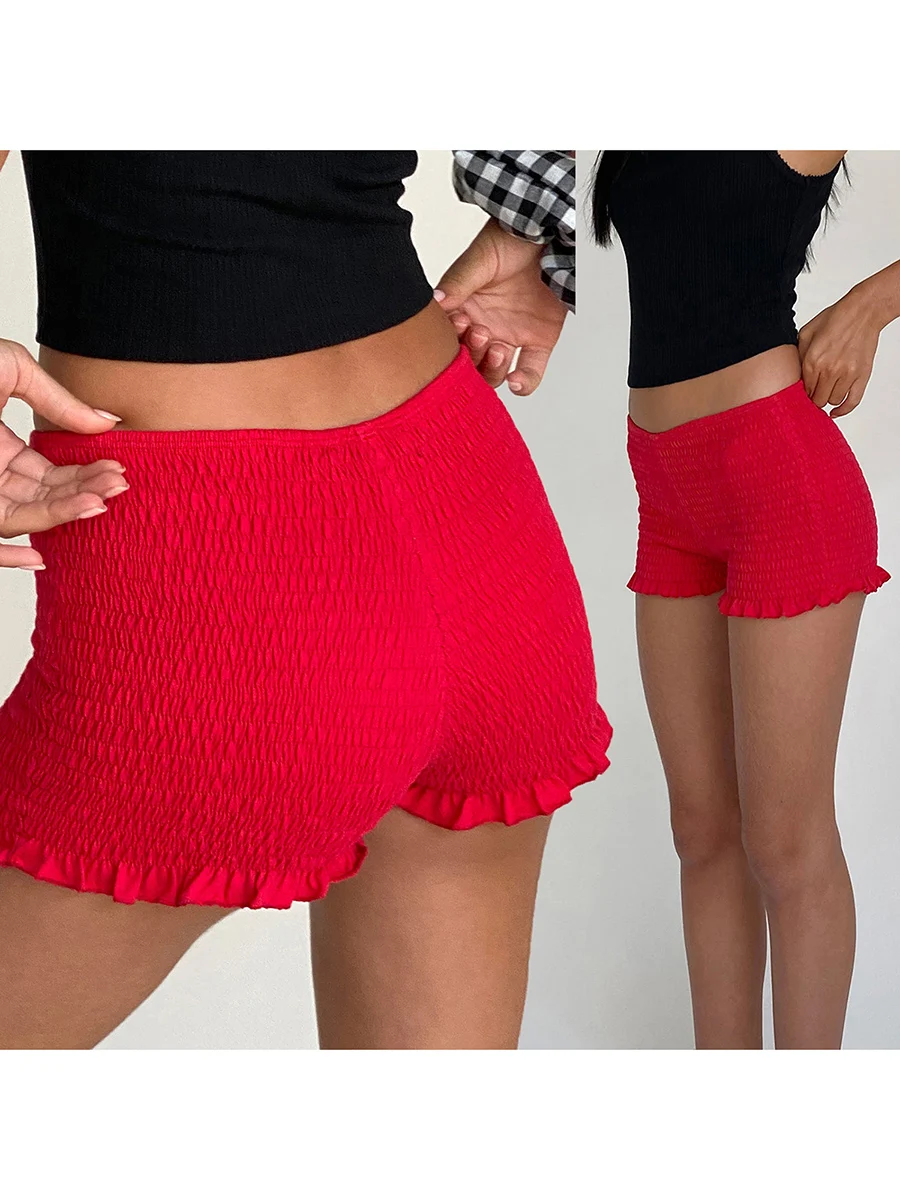 Micro short bouffant à volants à carreaux vichy pour femmes, taille basse, bordure en dentelle, froufrous, boxer smocké, short de pyjama, Y2k