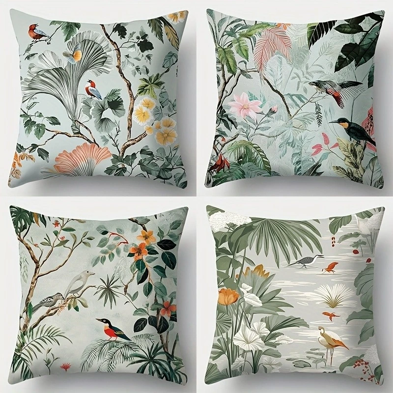 1PC 2D Flat Vintage Tropical Botanical Bird Print Throw Pillow Covers Decorative Square Cushion Cases for Home Living Room