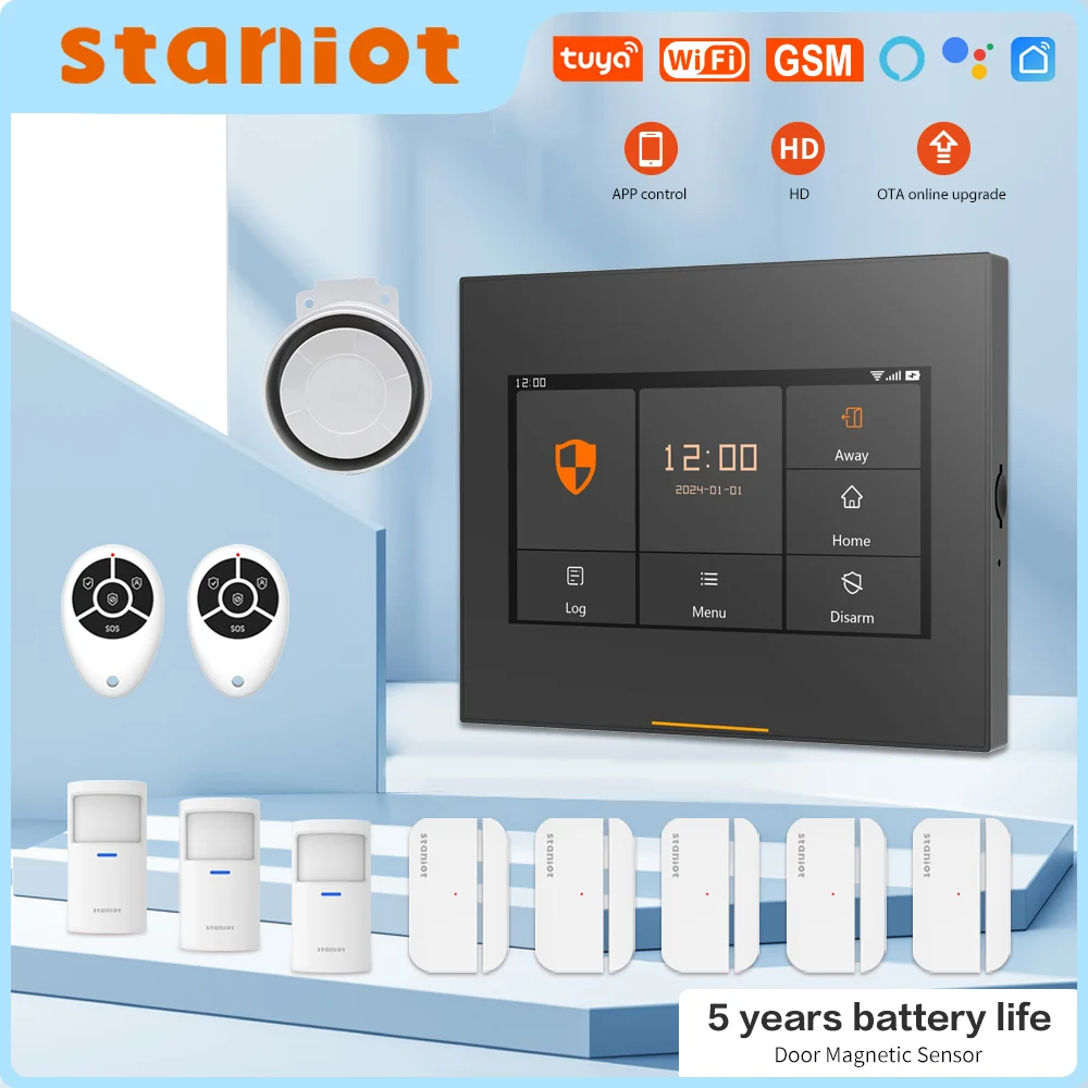 Staniot Tuya Wireless WiFi GSM HD Security Alarm System Works With Alexa Home Burglar Kit With 5years Battery Door Window Sensor