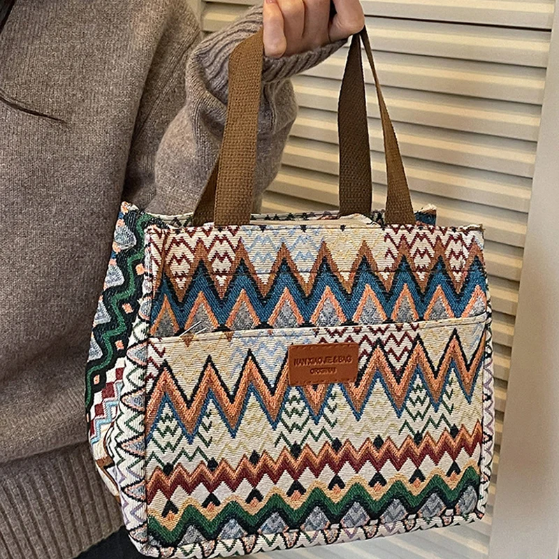 Bohemian Ethno-Stil Geometrischer Druck Canvas-Tragetasche, Bunte Zickzack-Muster Handtasche für Damen, Große Kapazität Pendler-Schultertasche – Detail 5