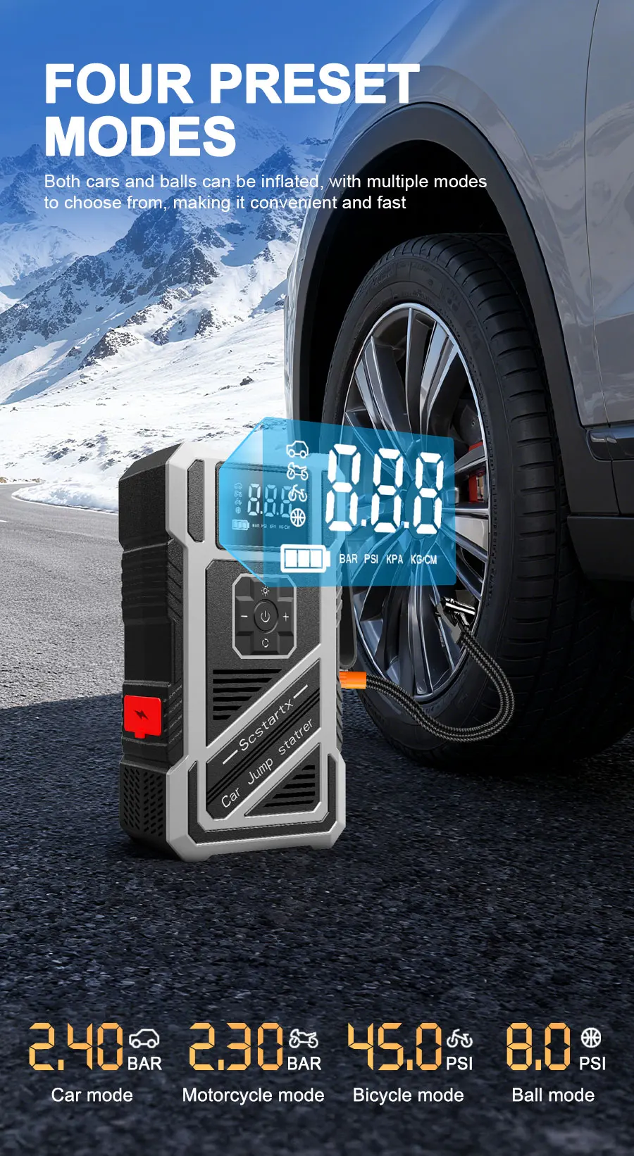 1800*4 Batteriebetriebener Tragbarer 4-in-1 Auto-Starter mit 150PSI Luftkompressor, Smart-Inflator, Notfall-Batteriestarter und Luftpumpe – Detail 5