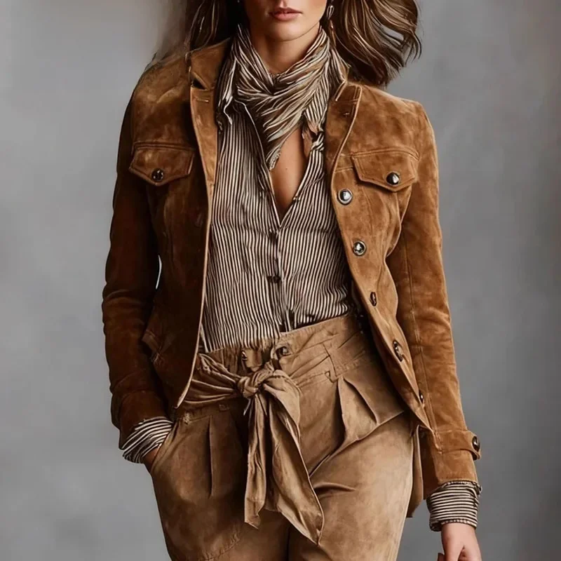 

Retro Solid Suede Women's Jackets Outerwears Fashion Turn-Down Collar Button Workwear Top Long Sleeve Slim Autumn Coat Cardigans