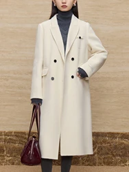 ZIQIAO Women Notched Collar Woolen Coat Beige Simple Double Breasted Long Front Shoulder Wool Coat 100% Wool Coat 24ZQ94123