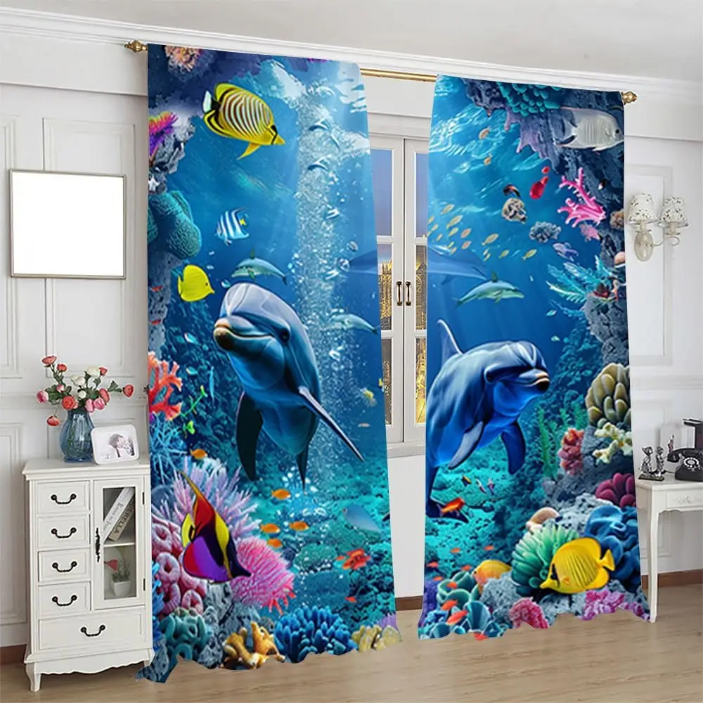 Brebasf Fantasy Ocean Coral Dolphin Blackout Curtains Rustic Nautical Theme Underwater Wildlife Fish Dolphin Blackout Curtains