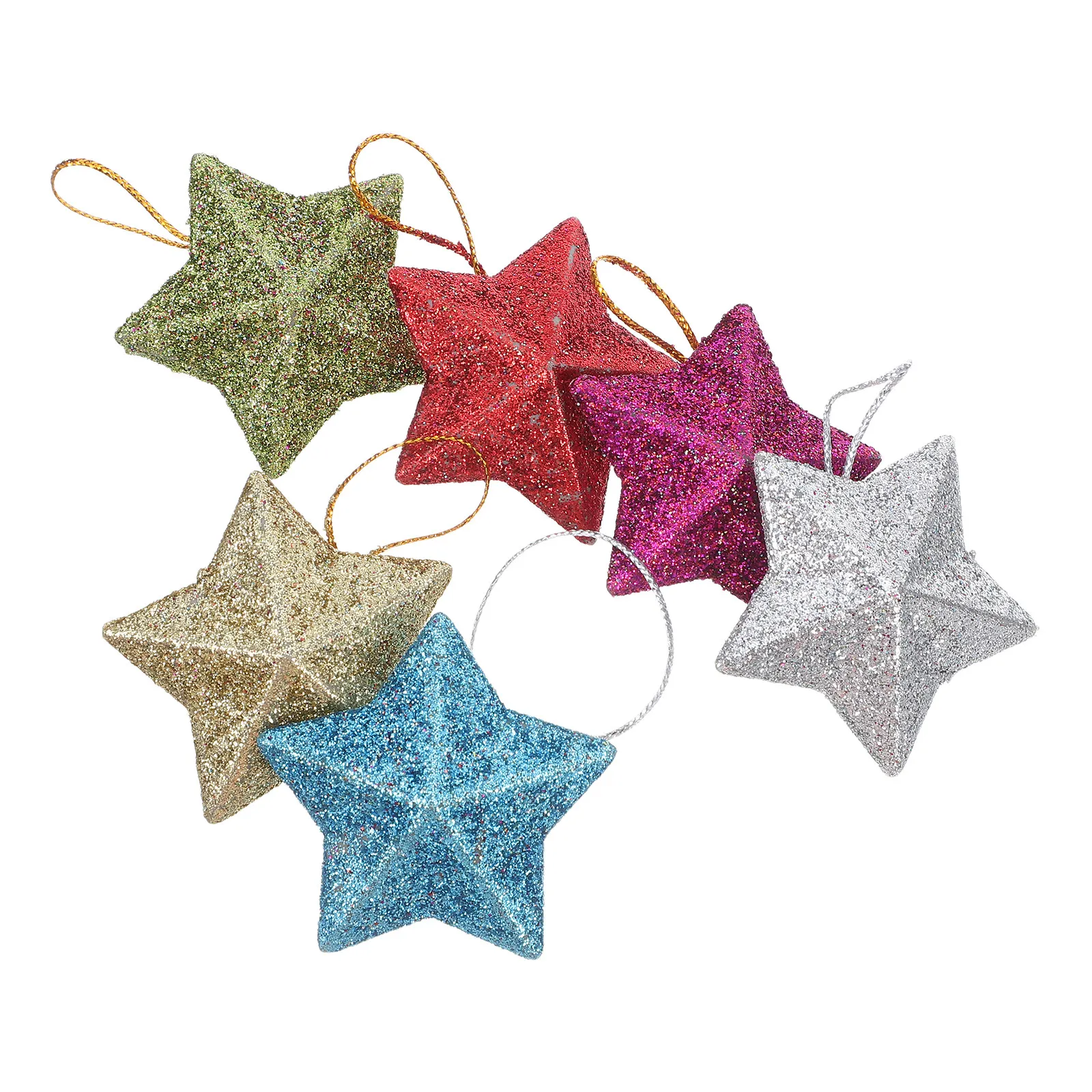 6Pcs Glitter Christmas Star Ornament Plastic Five-Pointed 3D Hanging Decorations Festival Party Birthday Wedding