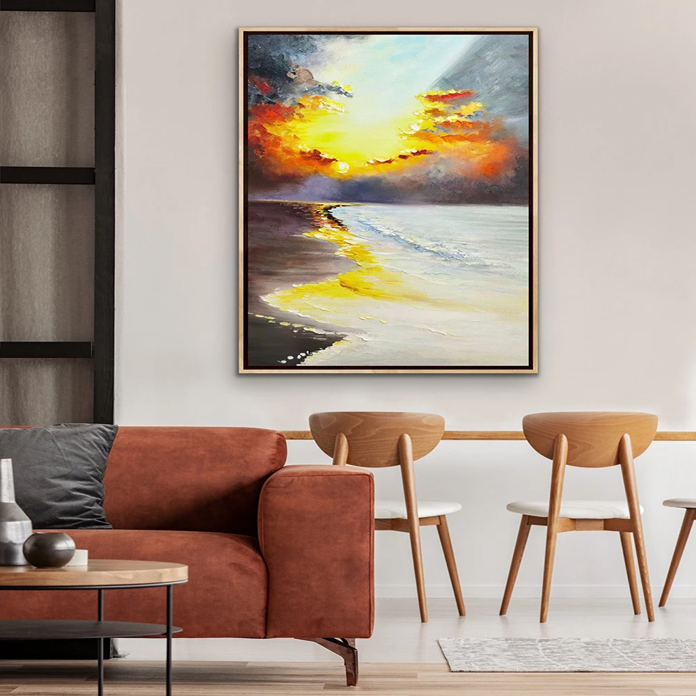 Hand Painted Oil Painting Sunrise Beach Cloudy Ocean Oversize Art Original Extra Large Living Room Luxurious Decorative Painting