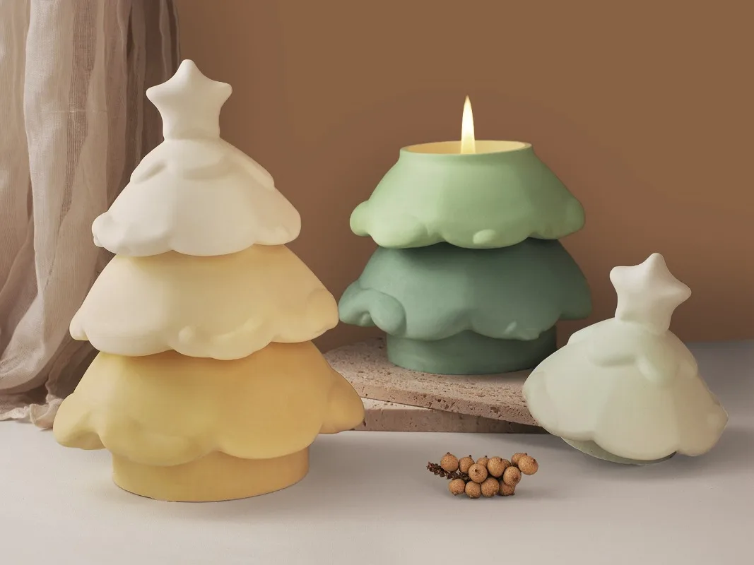 Christmas Tree Candle Jar Silicone Molds Three-tiered Christmas Tree Storage Box Cement Mold Container Gypsum Plaster Mold