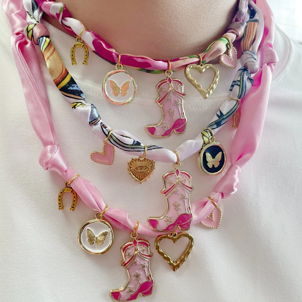 Golden Sun Charms Scarf Necklace Adjustable Choker with Heart, Cross, Pearl, Tulip, Cherry, Vintage Jewelry Gift view 5