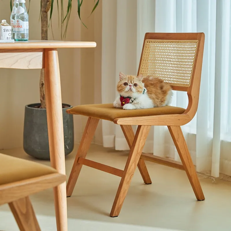 

Customizable Nordic rattan chair Japanese style without armrests Simple modern home cherry wood