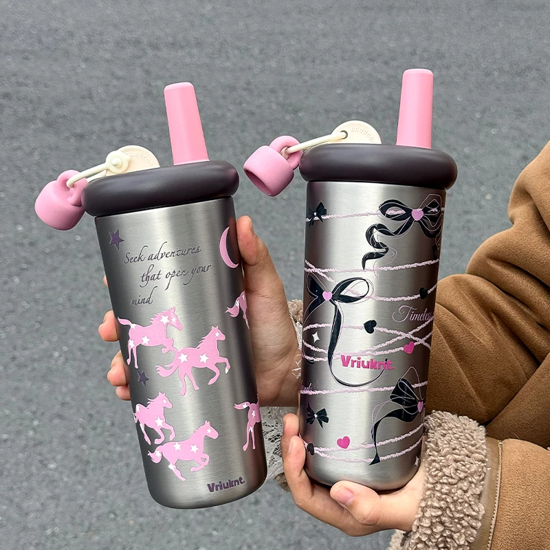 1 pc High Aesthetic Insulated Cup, 720ml Large Capacity Straw Coffee Mug, Portable Thermal Car Tumbler, Birthday gift
