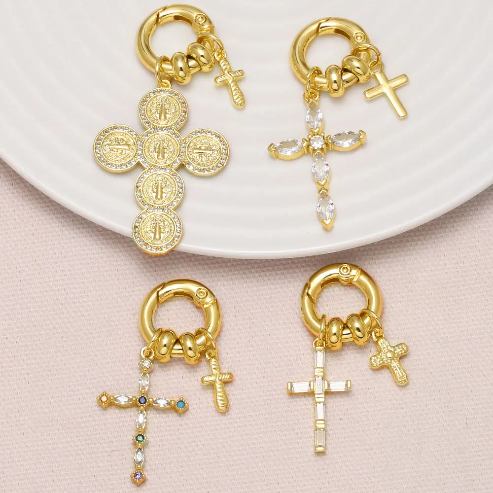 OCESRIO White Crystal Big Saint Benedict Cross Pendants for Necklace Copper Gold Plated Crucifix Jewelry Making Supplies pdta539