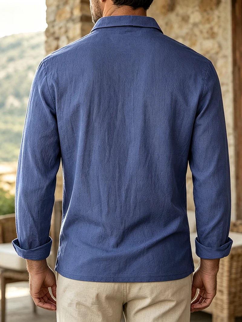 Herren Leinen Langarmhemd mit Umlegekragen und V-Ausschnitt, normale Passform, für Frühling und Herbst, lässig, geschäftlich, alltagstauglich, leichte Oberteile – Detail 3