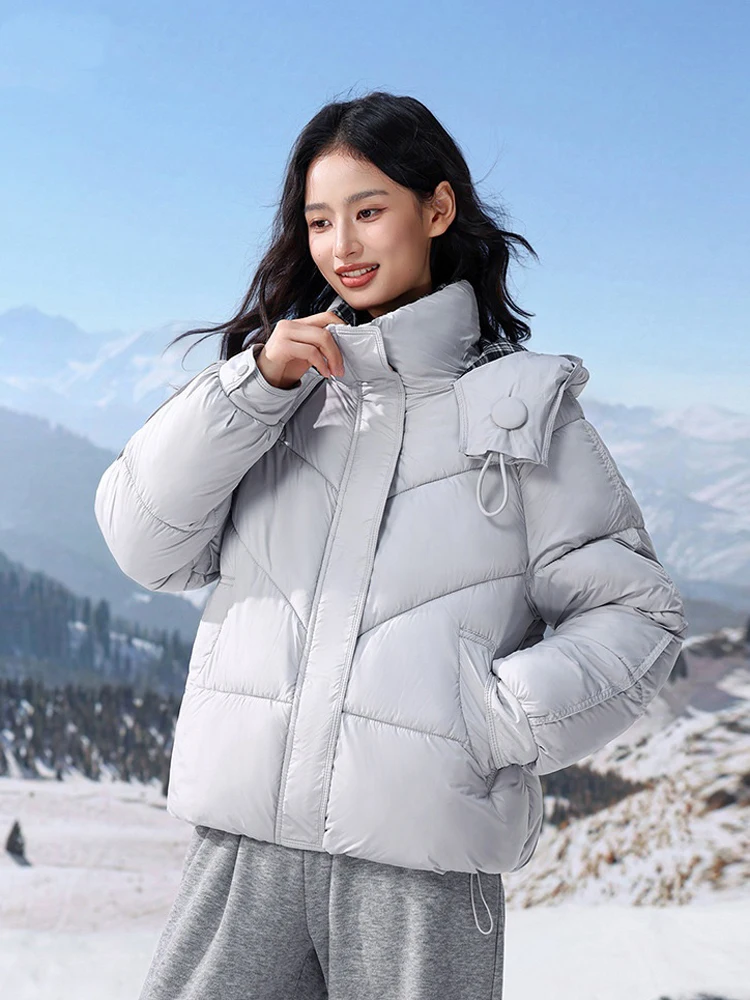 Womens Brown Quilted Down Coat Plaid Lining Zip Front Button Pockets Jacket Autumn Winter Travel Work Daily Streetwear Cozy Wear