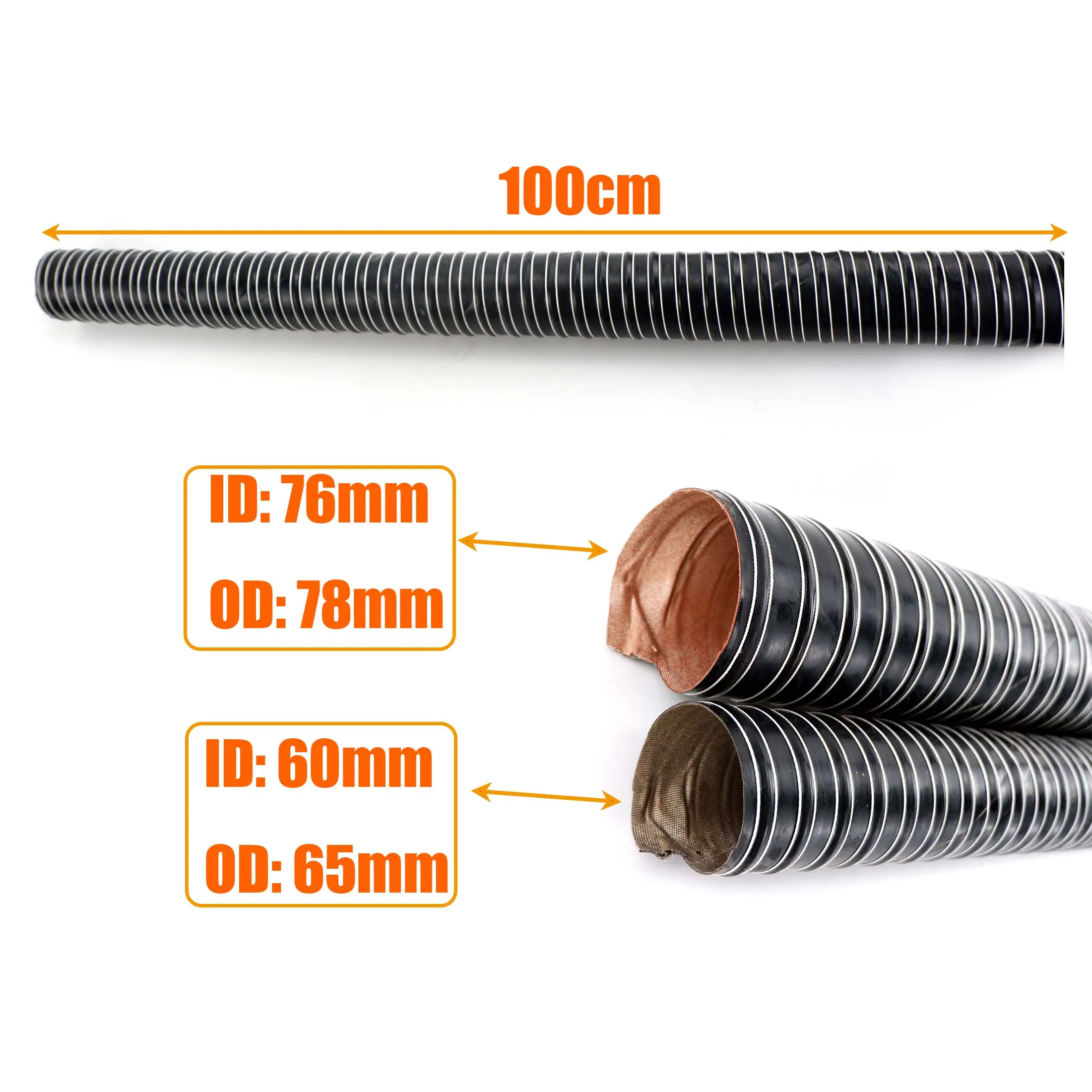 60mm 76mm Inner Diameter Length 100cm Air Diesel Heater Duct Pipe Tube Hose High Temp Resistant For Car Camper Truck Caravan